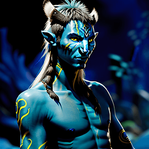 AI generated: male na'vi character, omatikaya, blue skin, avatar na'vi, james cameron, 2009, straigh hair