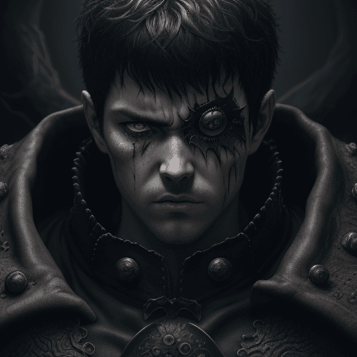 AI generated: Guts, from Berserk series, warlock, leather eye patch, white strand in bangs, evil look, thoughtful ...