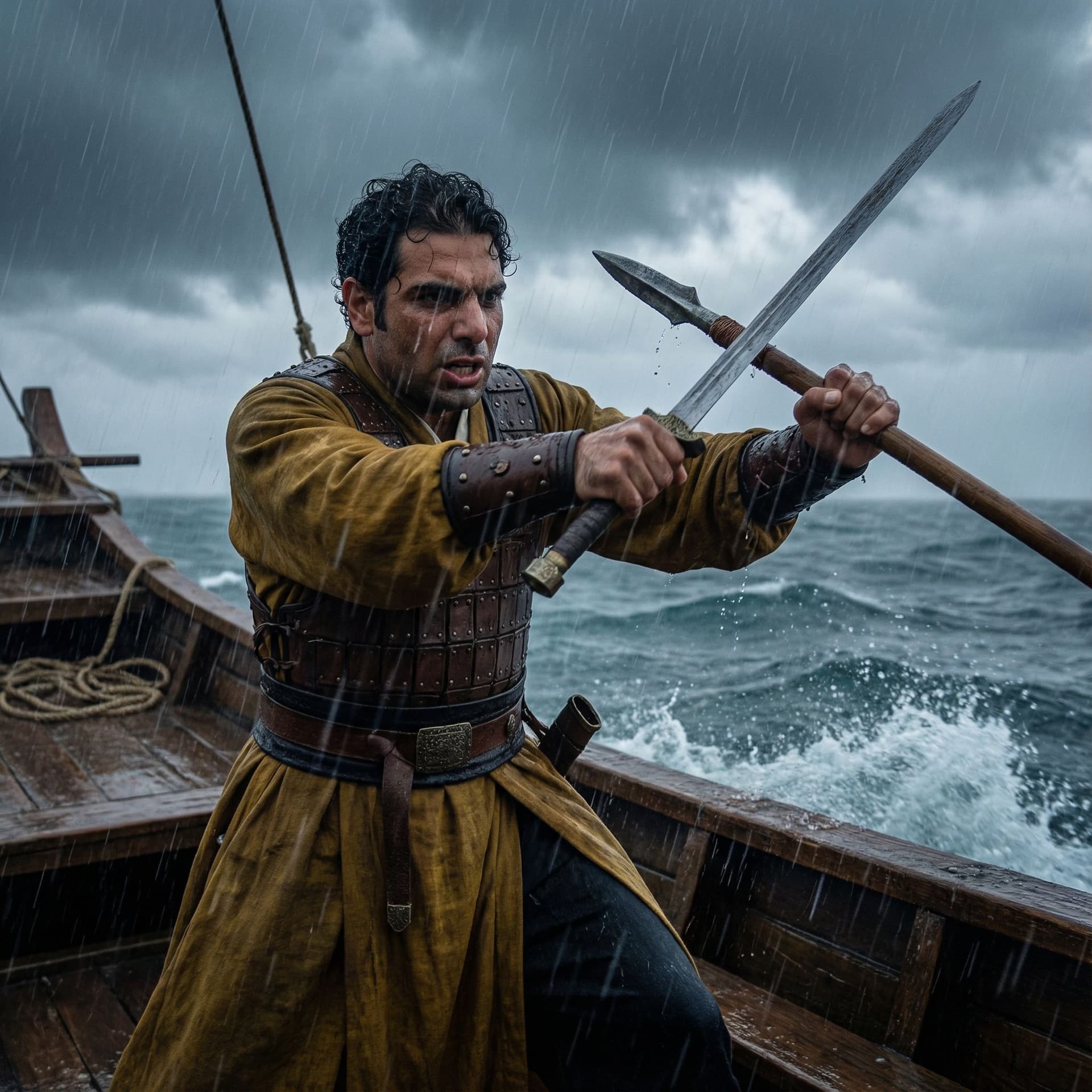 AI generated: A young warrior in ancient China with black hair and wearing yellow Hanfu is fighting on the sea und...