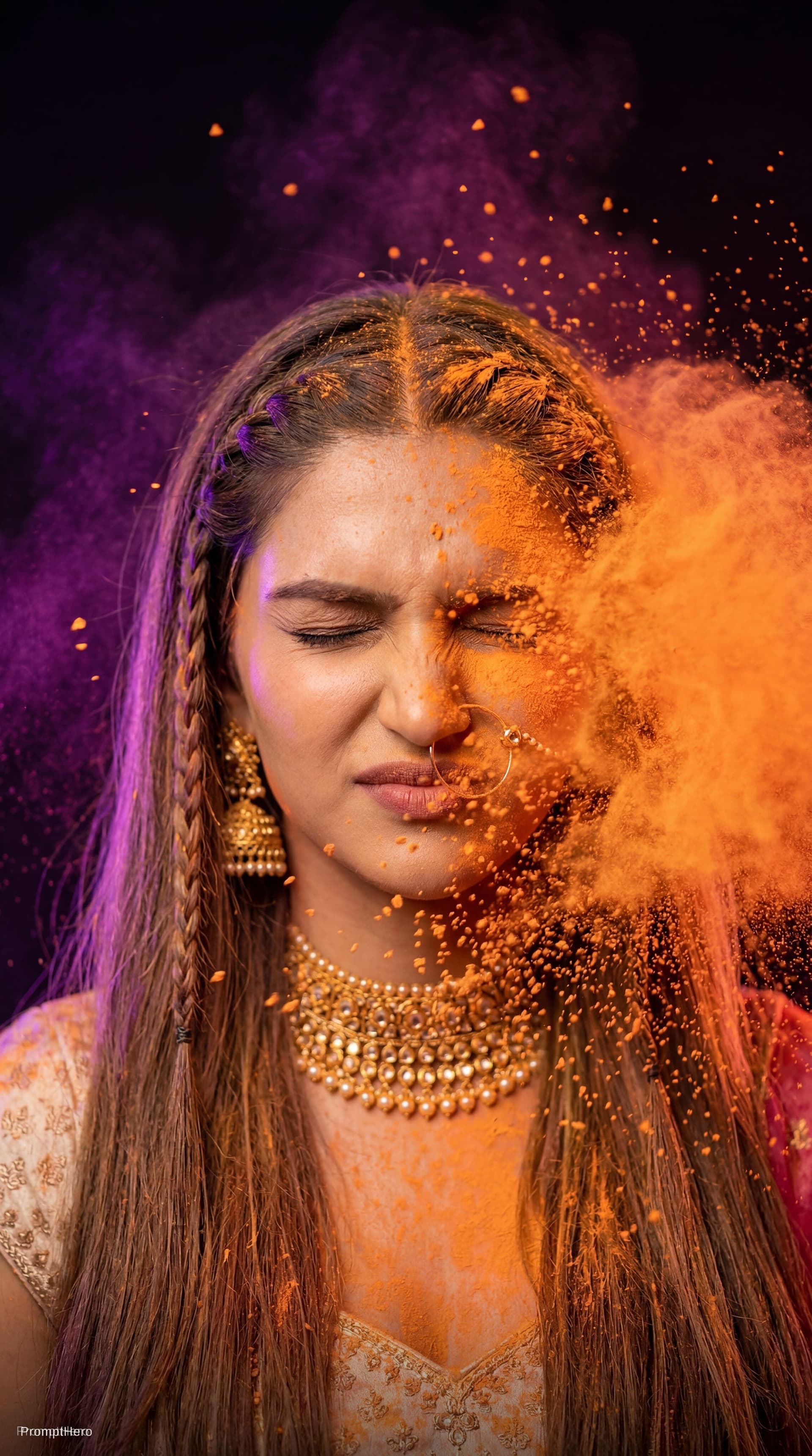 AI generated: 
Ultra-realistic high-speed portrait of [replace with uploaded face] as vibrant orange powder explod...