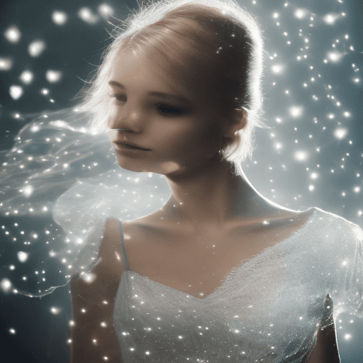 AI generated: studio lighting, bokeh, light fog around, blond woman floating in the air, messy short hair, hands i...