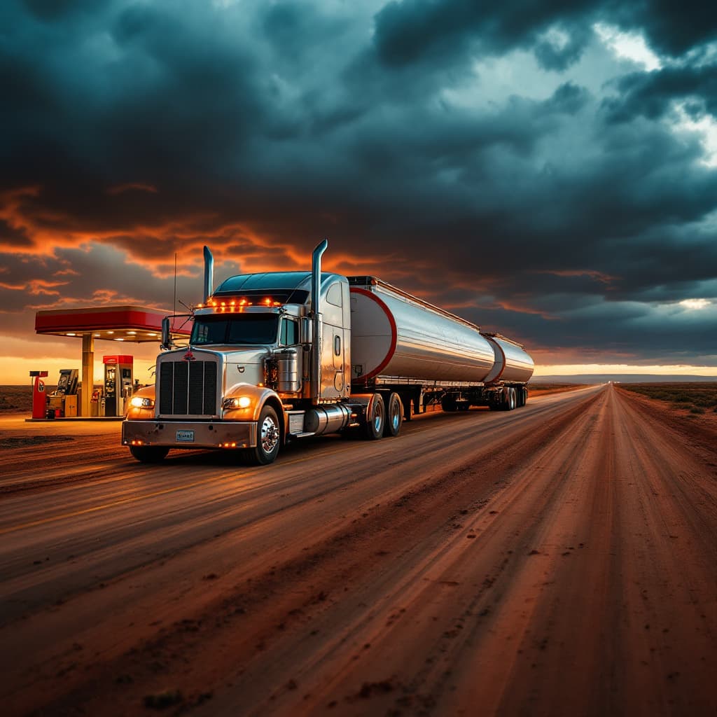 AI generated: An Australian truck with two trailers at a gas station in the Outback on a dusty road. Impressive lo...