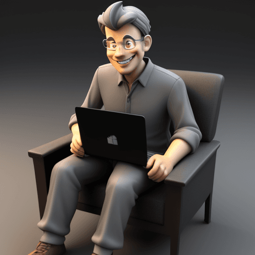 AI generated: Smiling man sitting in a chair holding a laptop, 3d cartoon style, solid dark gray background