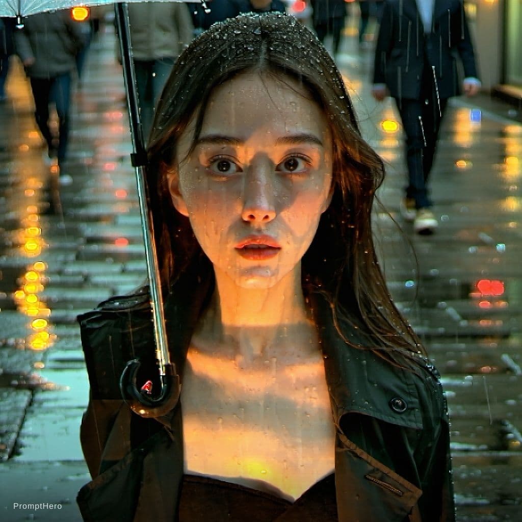 AI generated: A stylish young Caucasian ultra cutest woman in a modern pastel trench coat, crossing a rain-slicked...