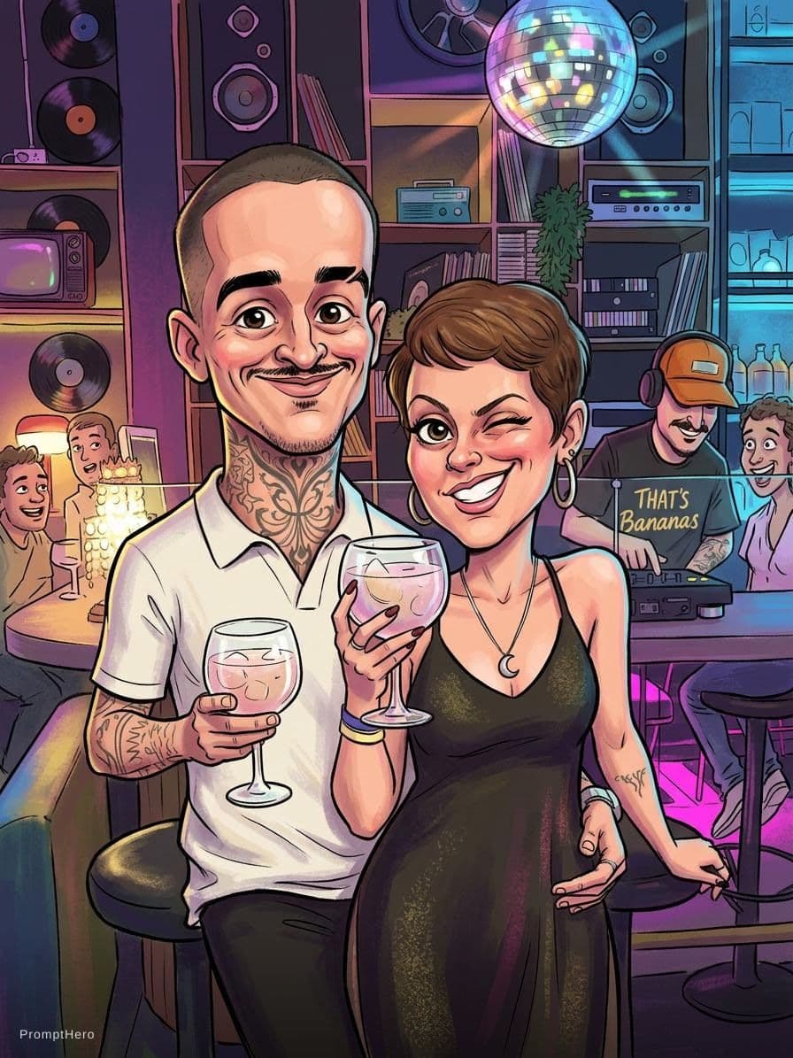 AI generated: funny caricature, adult man and woman (input Image), mid-30's, big cartoonish head, exaggerated cari...