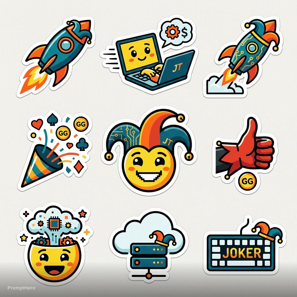 AI generated: tech startup stickers based on the uploaded logo, rocket ships, laptops, celebration emojis, modern ...