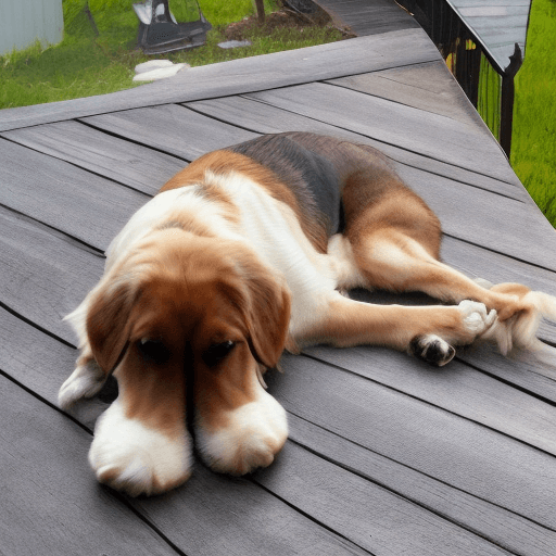 AI generated: dog outside on the old wooden deck sleeping  looking sad needing food

