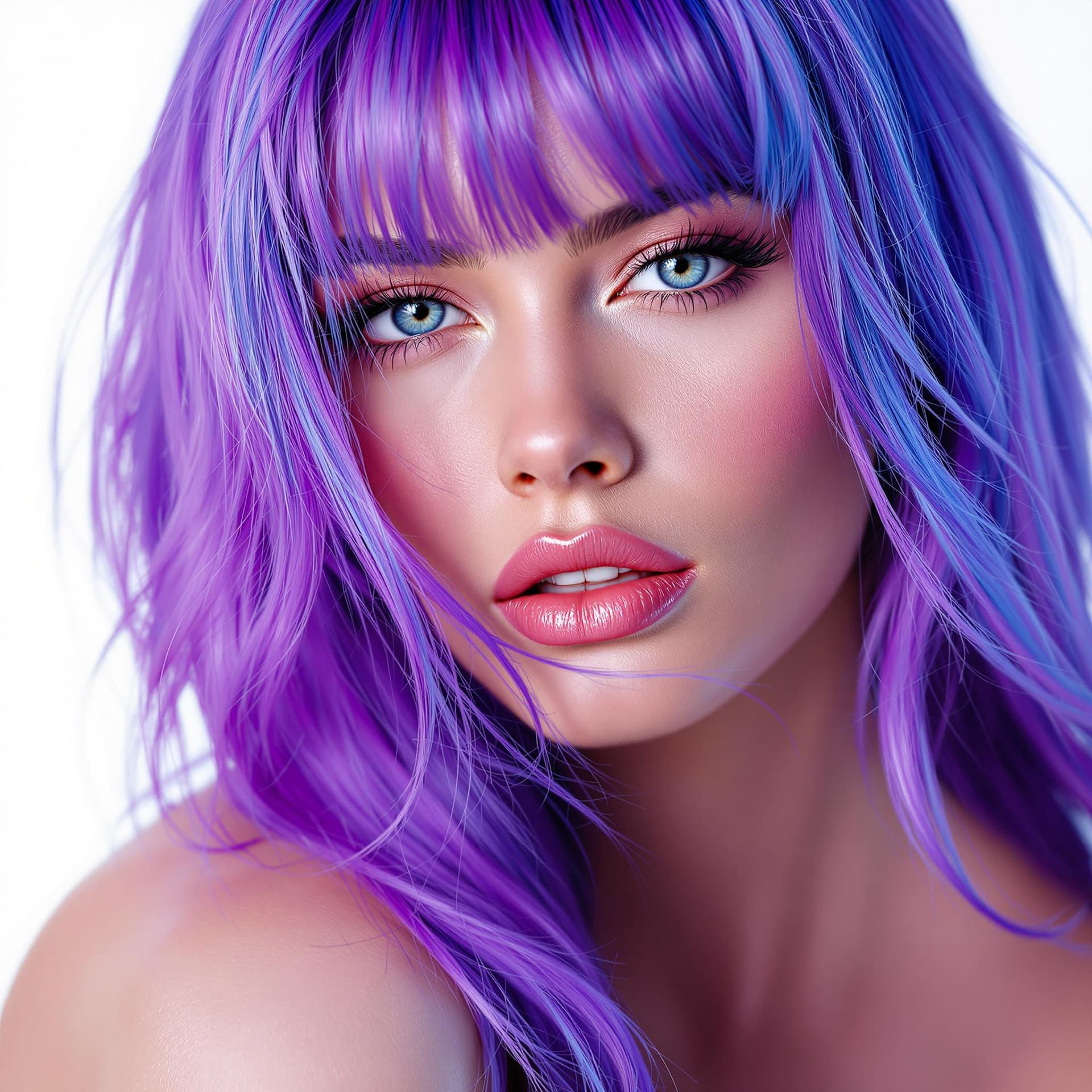 AI generated: A close-up portrait of a woman with vibrant purple hair, captured in ultra-realistic 8K resolution u...