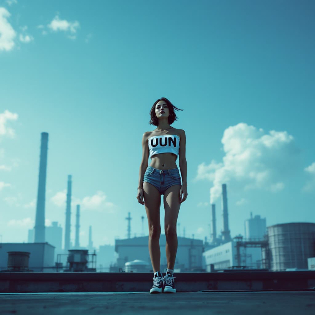 AI generated: photorealism, full-length girl with UUN written on her chest, standing on a rooftop against a backdr...