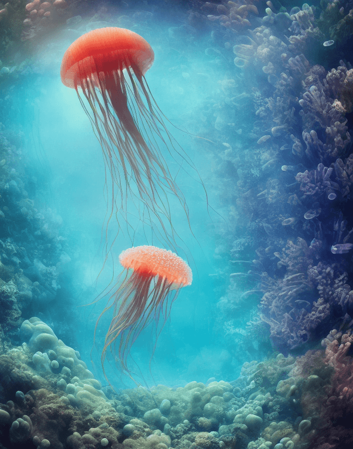 AI generated: Raw, masterpiece, perfectly centered, symmetrical, under water macro shot of a glowing jellyfish, co...