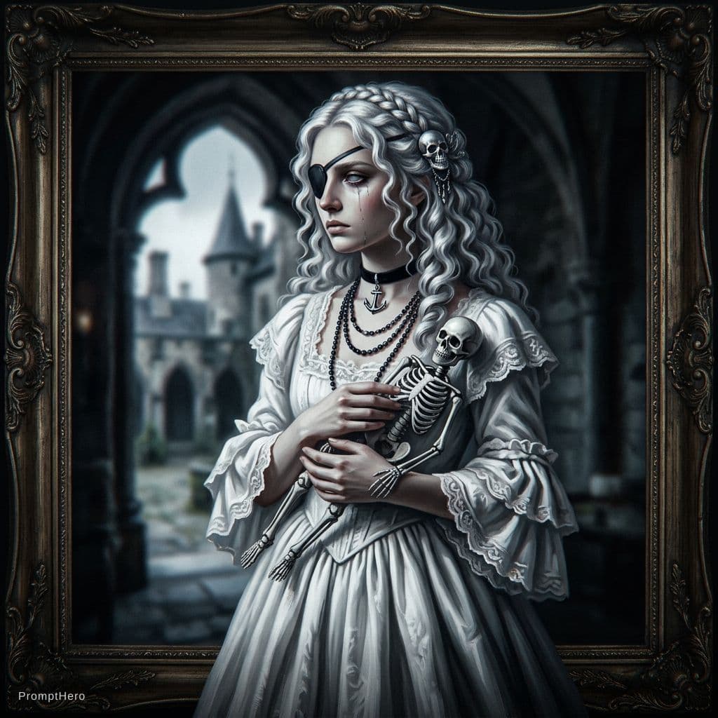 AI generated: silver hair, braid, curly hair, eyepatch, anchor choker, bead necklace, skull hair ornament, dashed ...