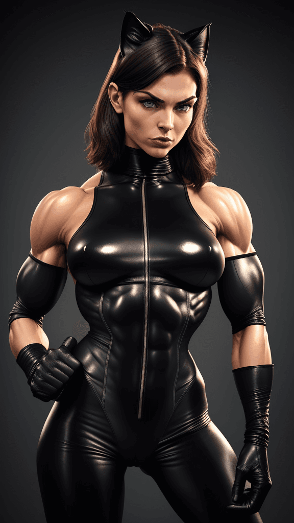 AI generated: 20 year old strong muscular Girl in Full Leather catwoman costume with muscular abs and toned biceps...