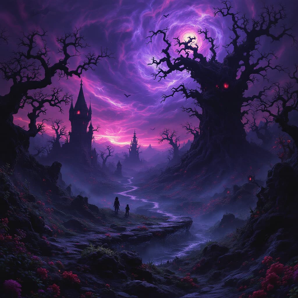 AI generated: **dark and twisted Wonderland**, transformed into a **haunting nightmare**, unfolds under a **swirli...