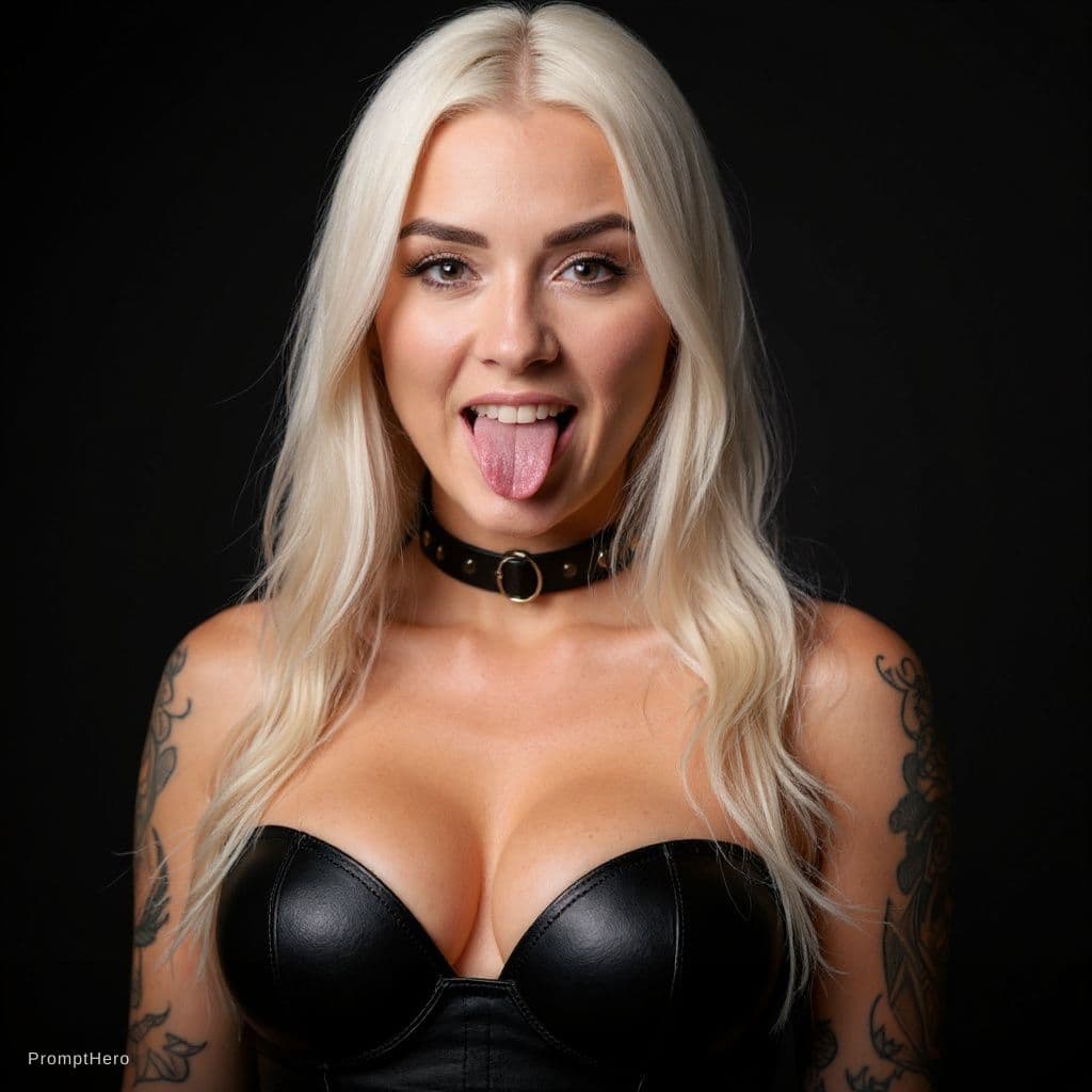 AI generated: Portrait of a gorgeous woman, 20 years old, with open lush breasts, a thin leather bra, waist-length...