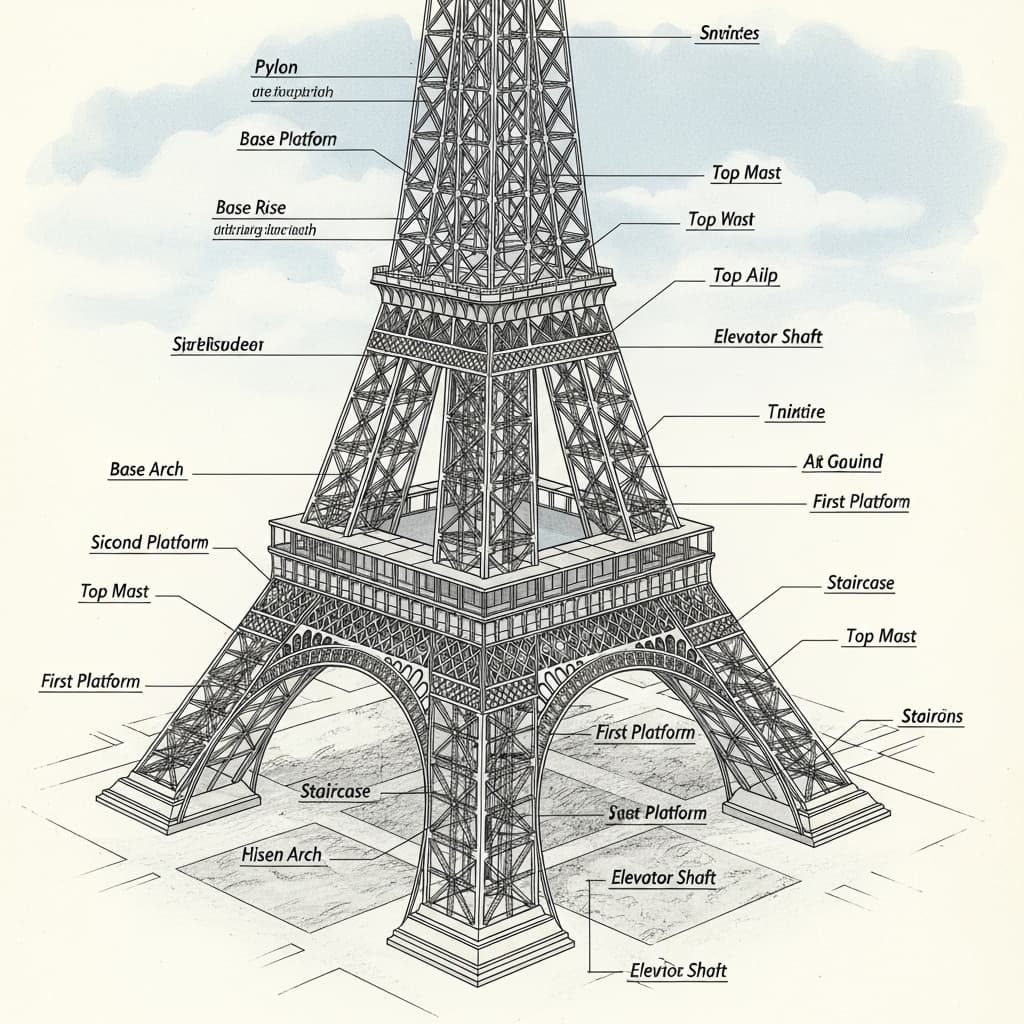 AI generated: Diagramatic drawing of the structure of the Eiffel Tower --ar 1:2 --stylize 750 --v 7