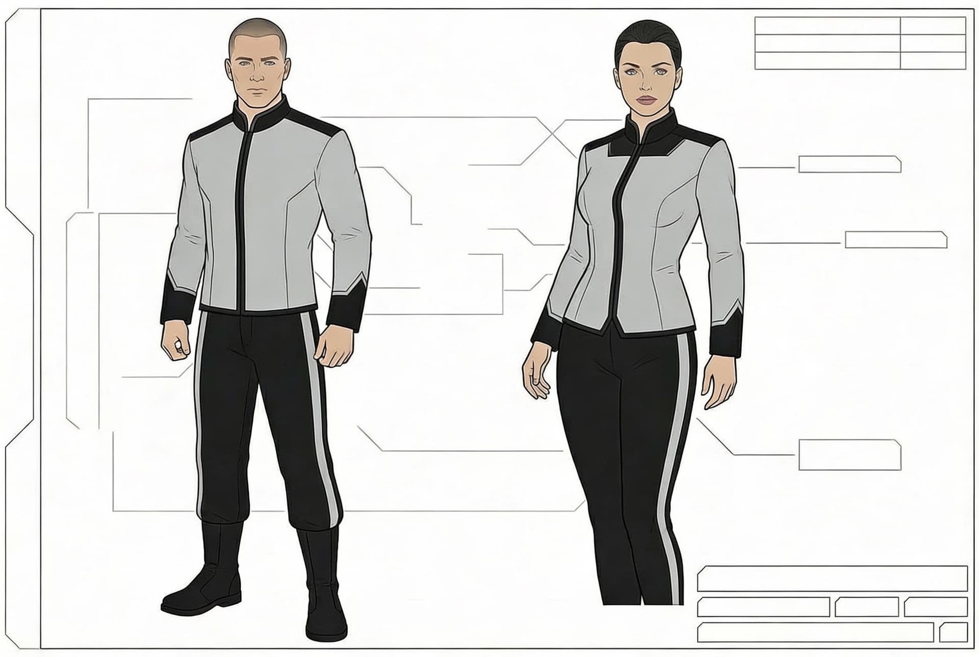 AI generated: Create a Sci-Fi uniform. Use the reference image and turn all red to Grey. The color of the uniform ...
