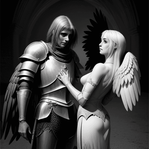 AI generated: an harpy and a knight en un estilo silografico de agness miller parker en blanco y negro 