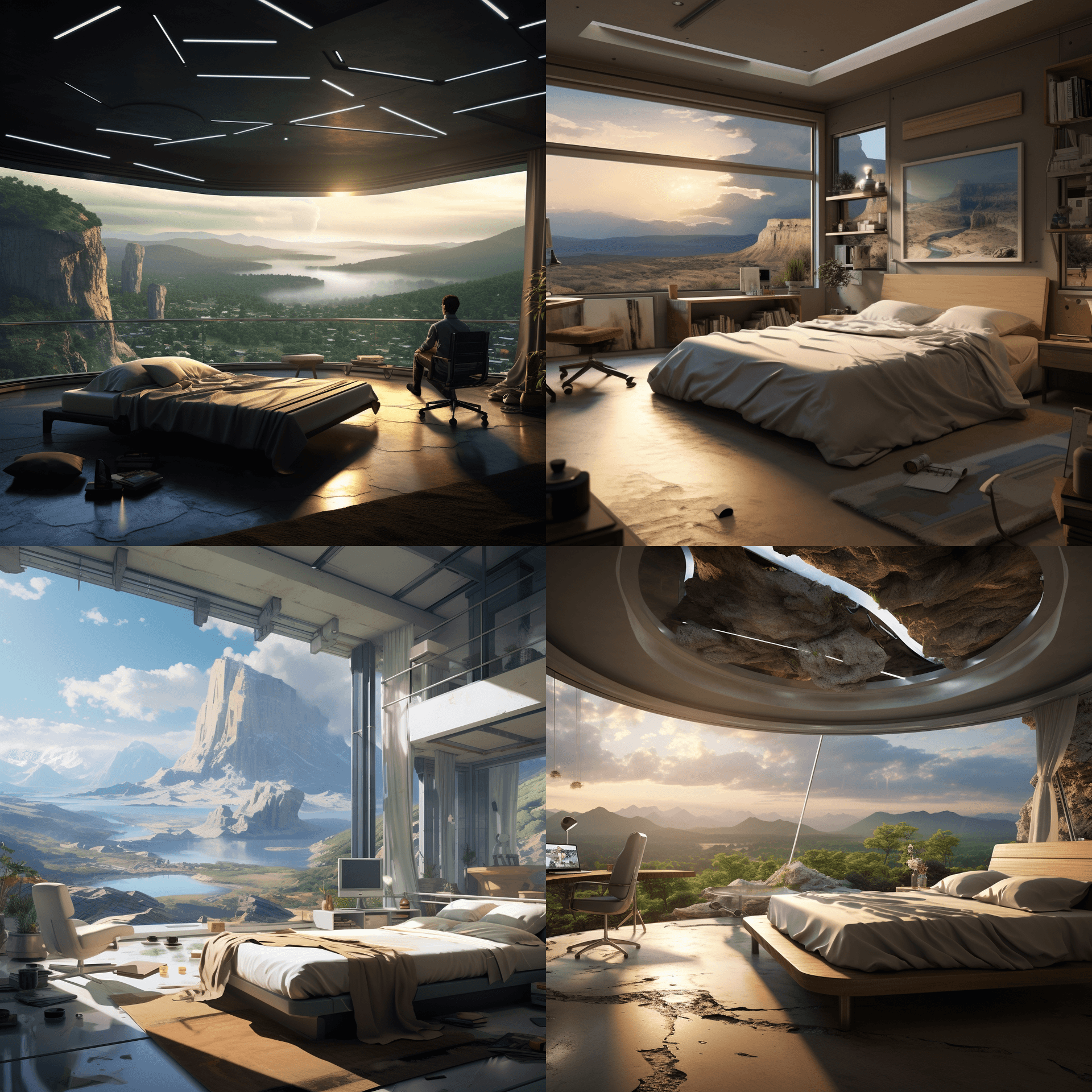 AI generated: An open-plan bedroom with a modern interior design style and a view of the prairie mountainside from...