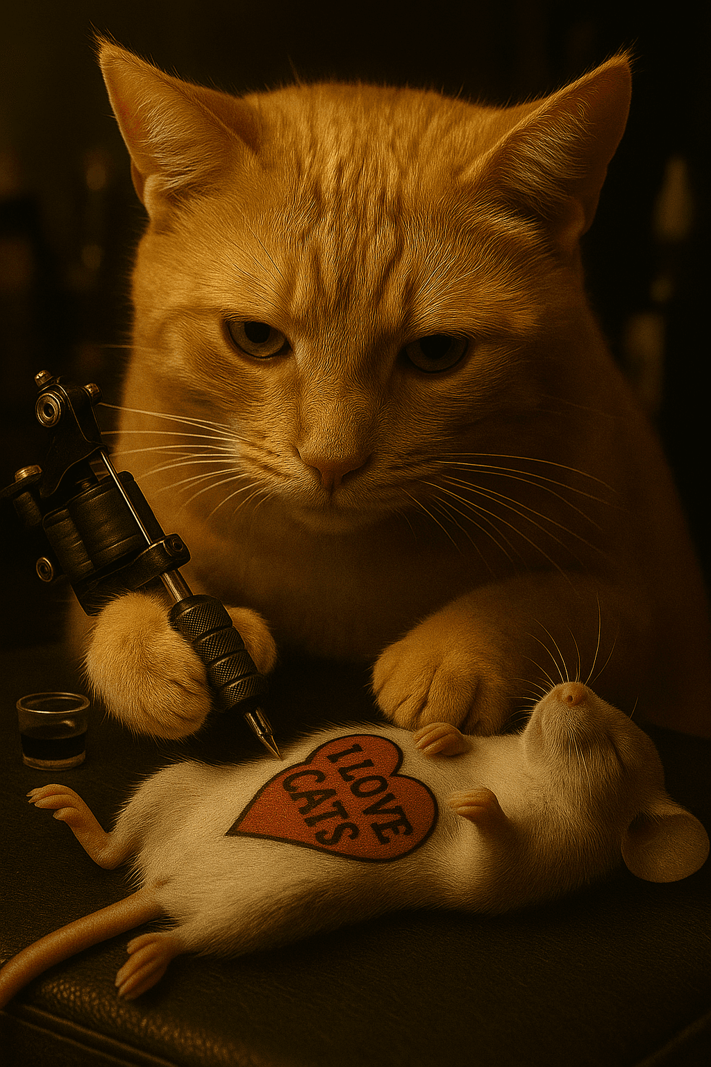 AI generated: a photo realistic cat doing tattoos on a mouse.  The tattoo says "I LOVE CATS" in a heart design