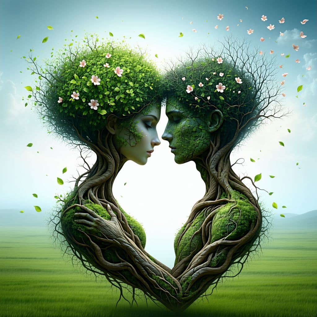 AI generated: A captivating surreal artwork featuring a mesmerizing fusion of human and nature. A male and female ...