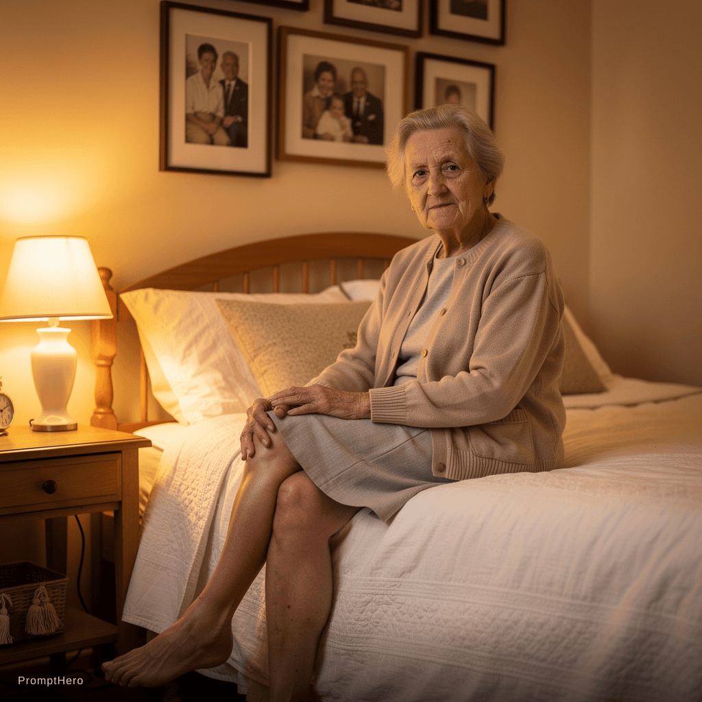 AI generated: a 90 year old girl,sitting on her bed,wearing a short skirt facing the camera.her legs are bend and ...