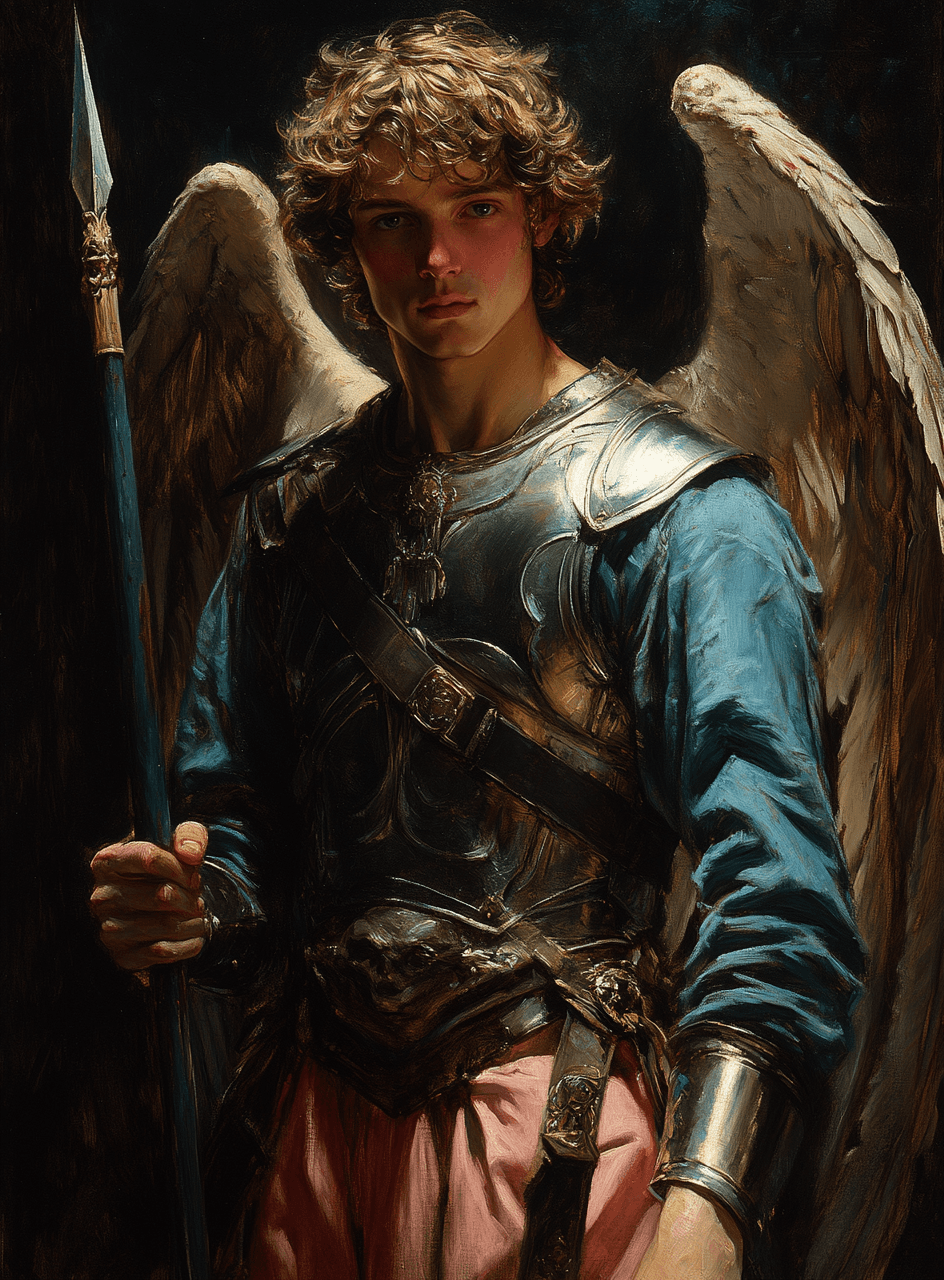 AI generated: A realistic oil painting of the archangel michael holding his spear above demons, in blue and pink ,...
