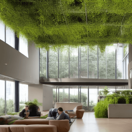 AI generated: hyper realistic photo of company office interior design, green house, living room atmosphere, glass,...