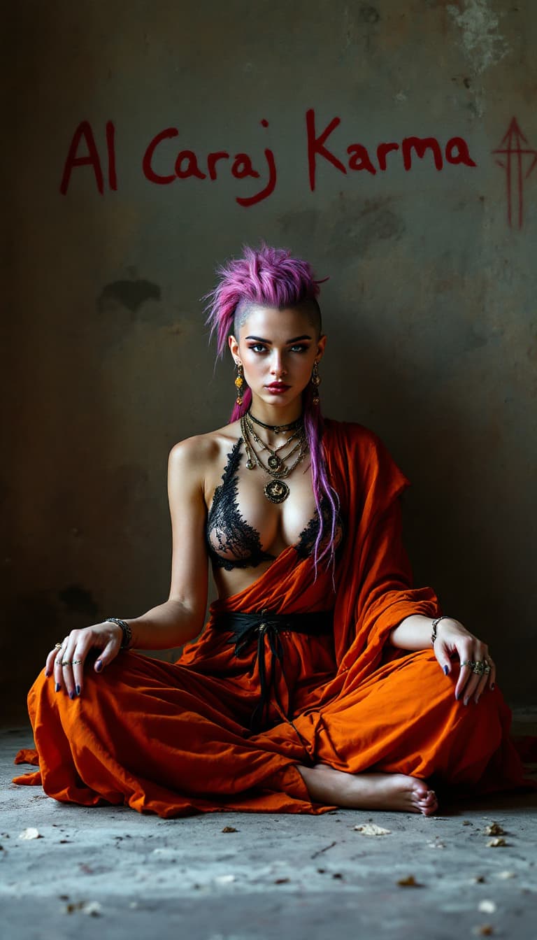 AI generated: Full-length view of a stunning slender and beautiful young Italian punk woman sitting in the lotus p...