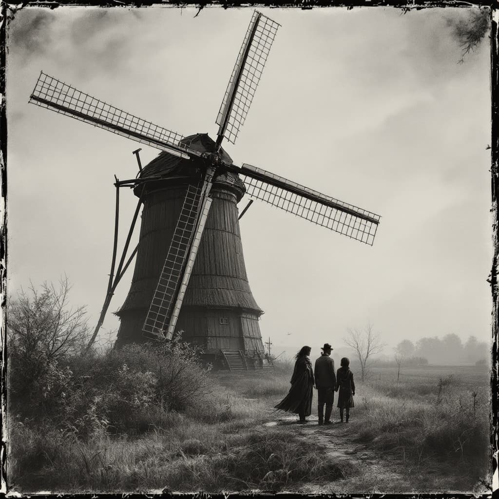 AI generated: Wet plate collodion, a windmill and a family. -ar 3:4-style raw-profile 1d3cnw7-stylize 450