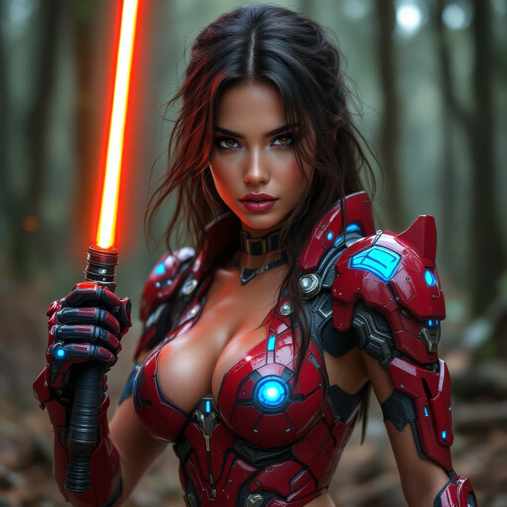 AI generated: Latina female dressed in red cyberpunk robotic armor with glowing blue details holding a red light s...