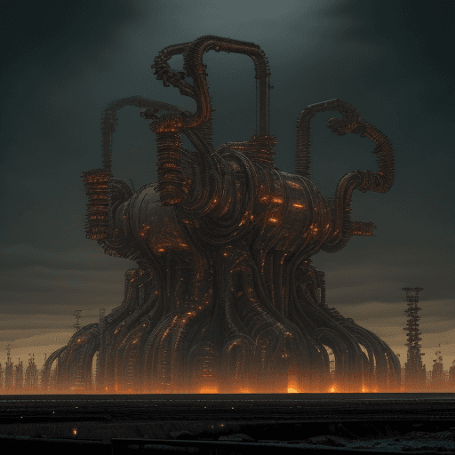 AI generated: A cold, desolate industrial landscape stretches endlessly, filled with metallic structures warped in...