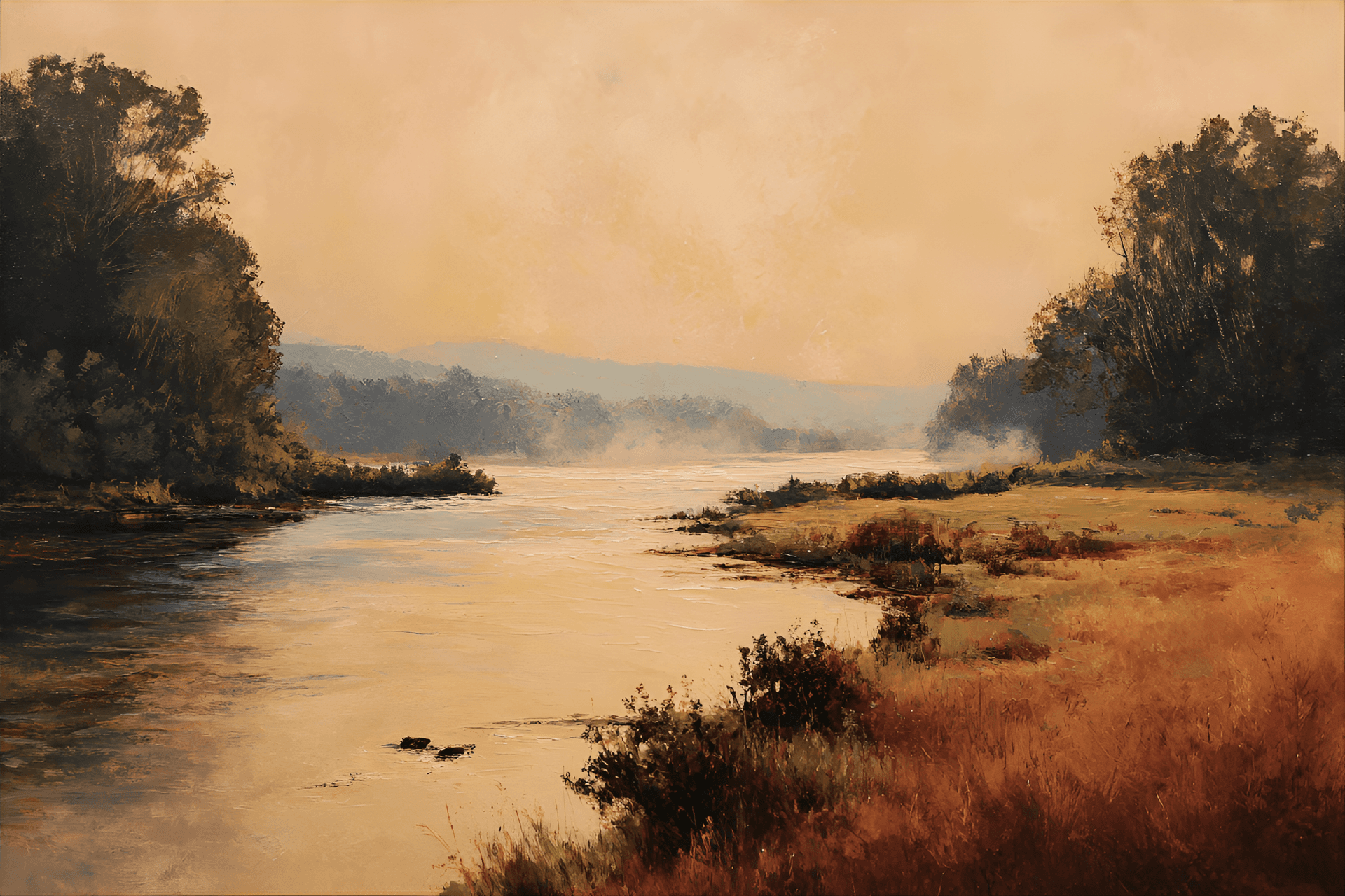 AI generated: serene landscape featuring a river
in the morning, with a warm and earthy color palette, and
delic...