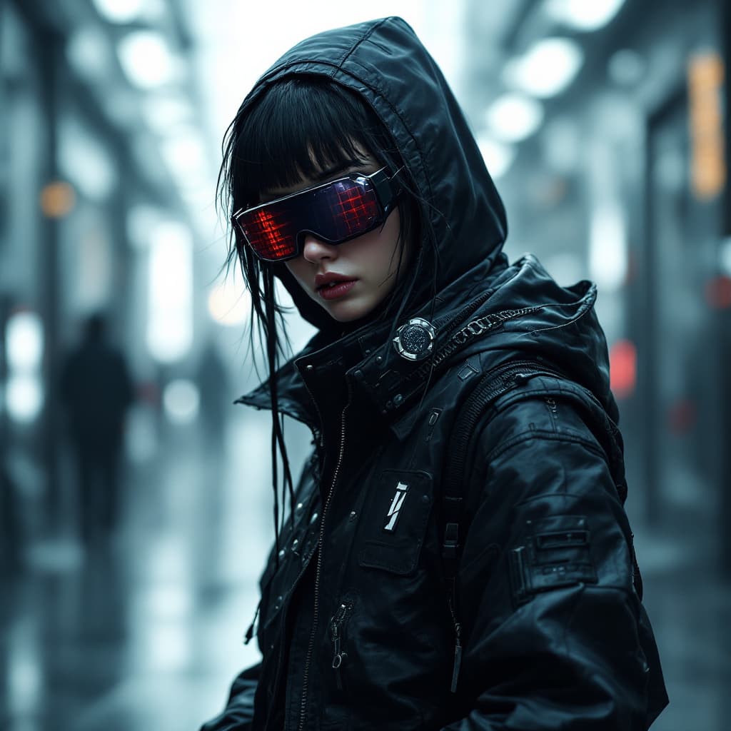 AI generated: cyberpunk outfit, black and white, hyperrealistic