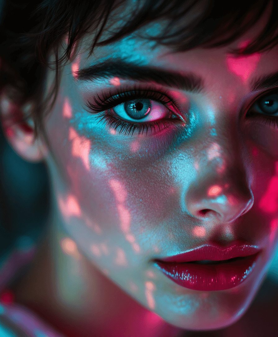 AI generated: A photorealistic 8K masterpiece of (Audrey Hepburn) close up of her face with turquoise, pink and wh...