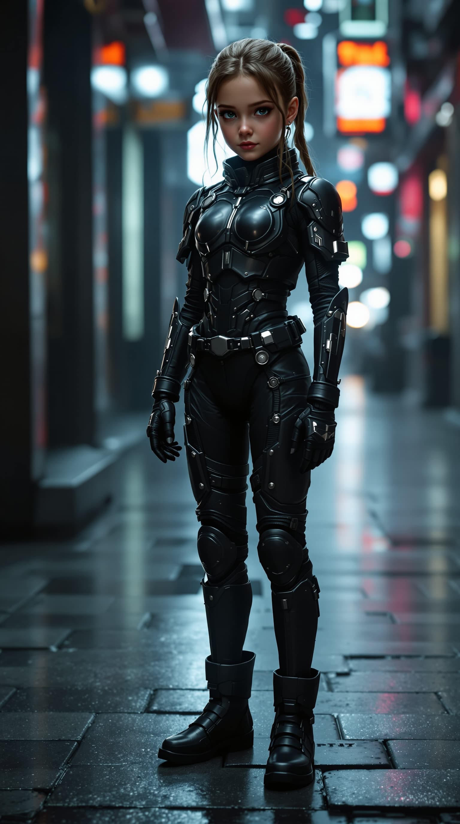 AI generated: hyper-realistic depiction of a twelve year old Kathryn Newton dressed in a lightly armored leather b...