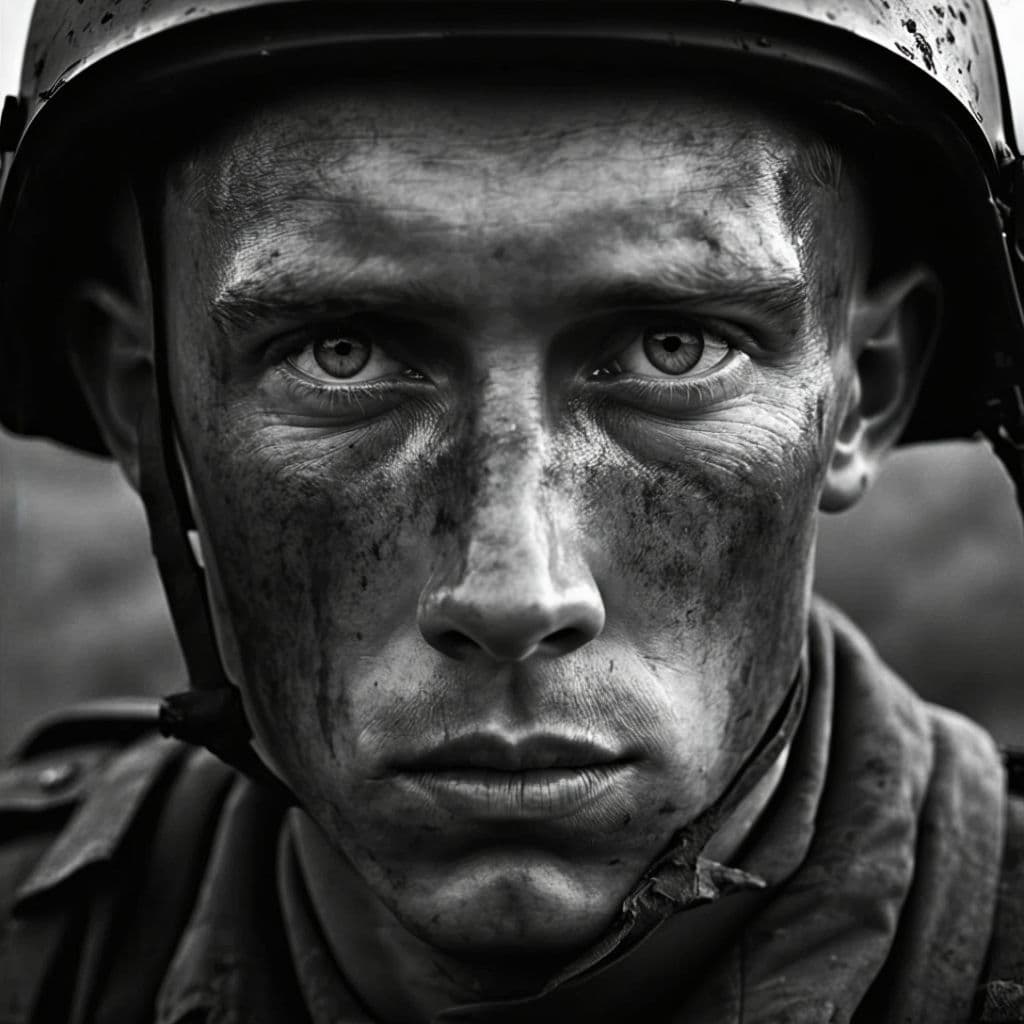 AI generated: A cinematic, hyperrealistic black-and-white tight portrait of a WW2 Russian soldier, seen straight a...