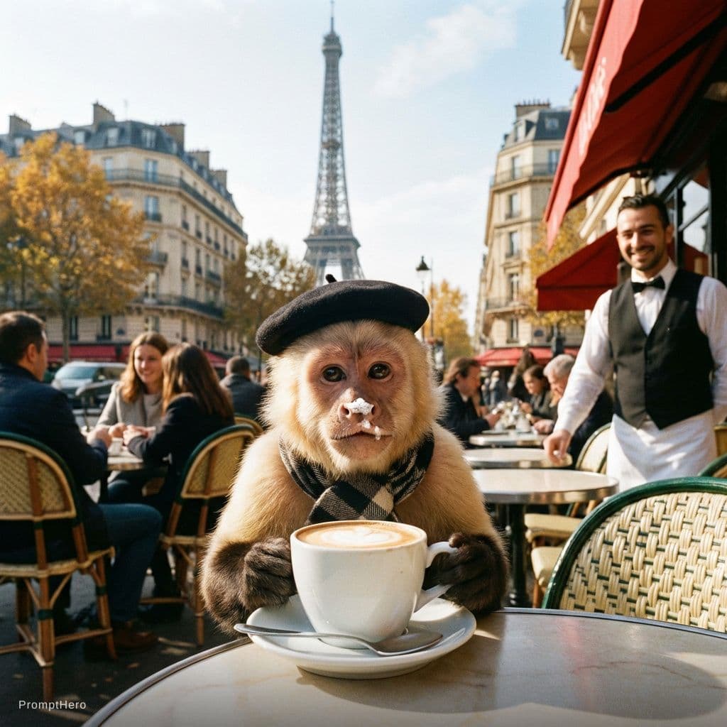 AI generated: A monkey sipping a cappuccino in Paris