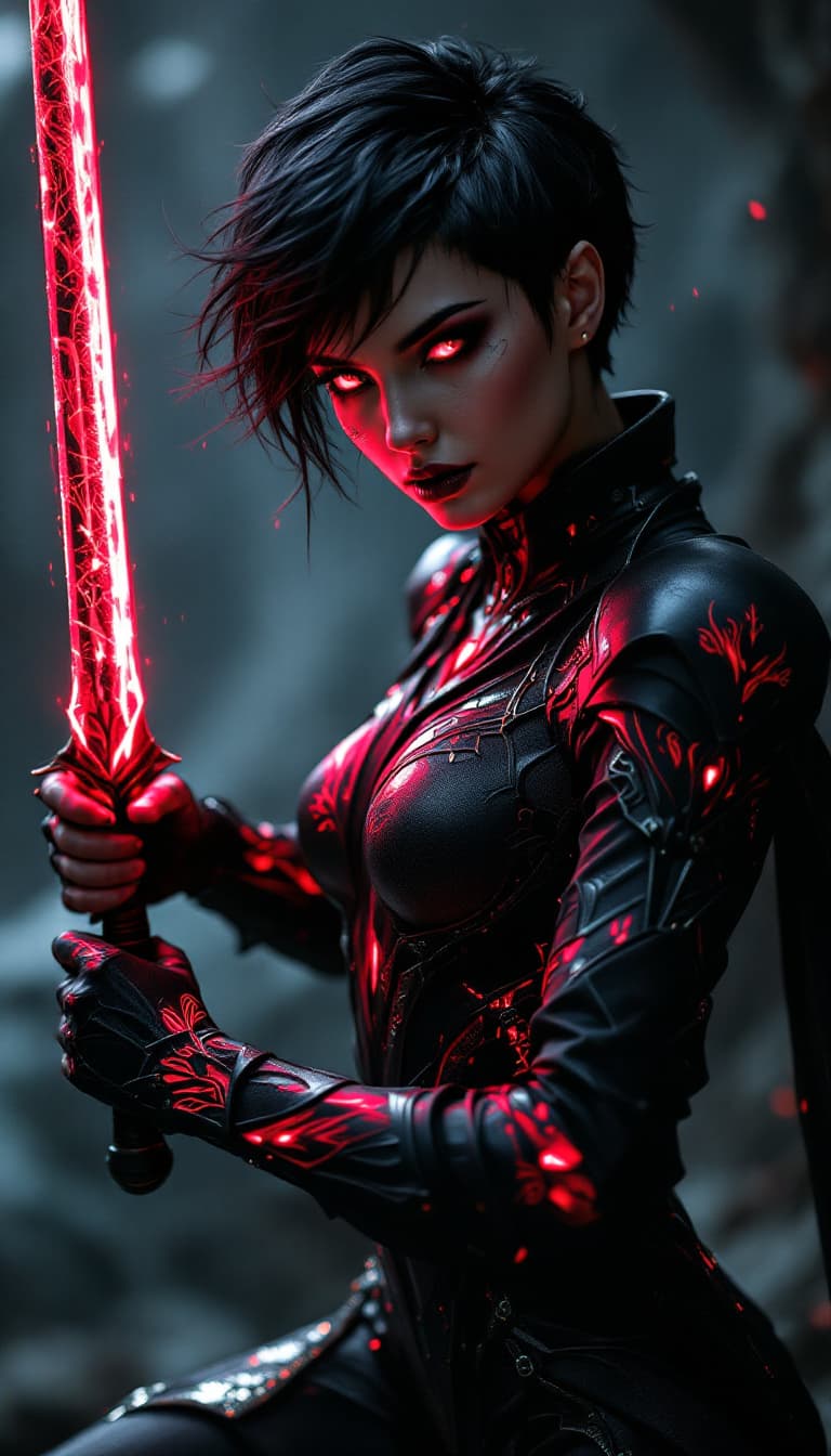 AI generated: An ultra-realistic, full-body action shot of a mesmerizing ruby shadow weaver woman, exuding stealth...