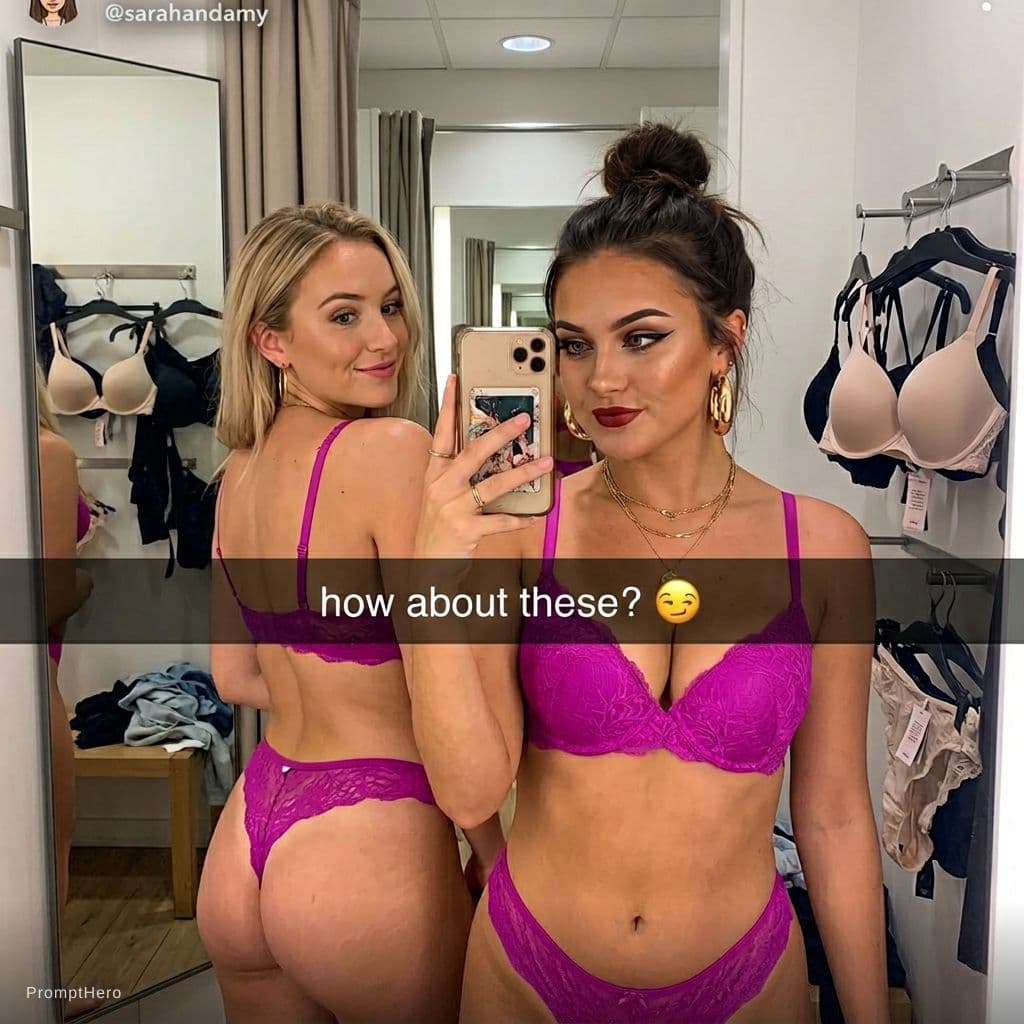 AI generated: Two chubby 21 year old white wome take a mirror selfie in a dressing room. The dressing room rack ha...