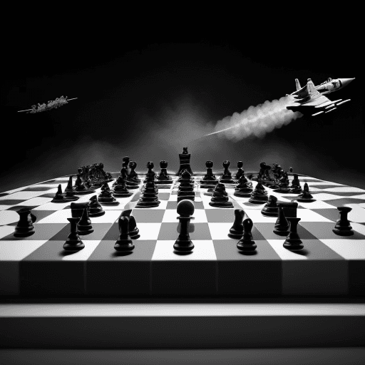 AI generated: Giant chessboard with black and white pieces, being bombed by a warplane. Soldiers run across the bo...