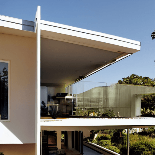 AI generated: hyper realistic eye level exterior photo of a mid century modern style house overlooking the ocean, ...