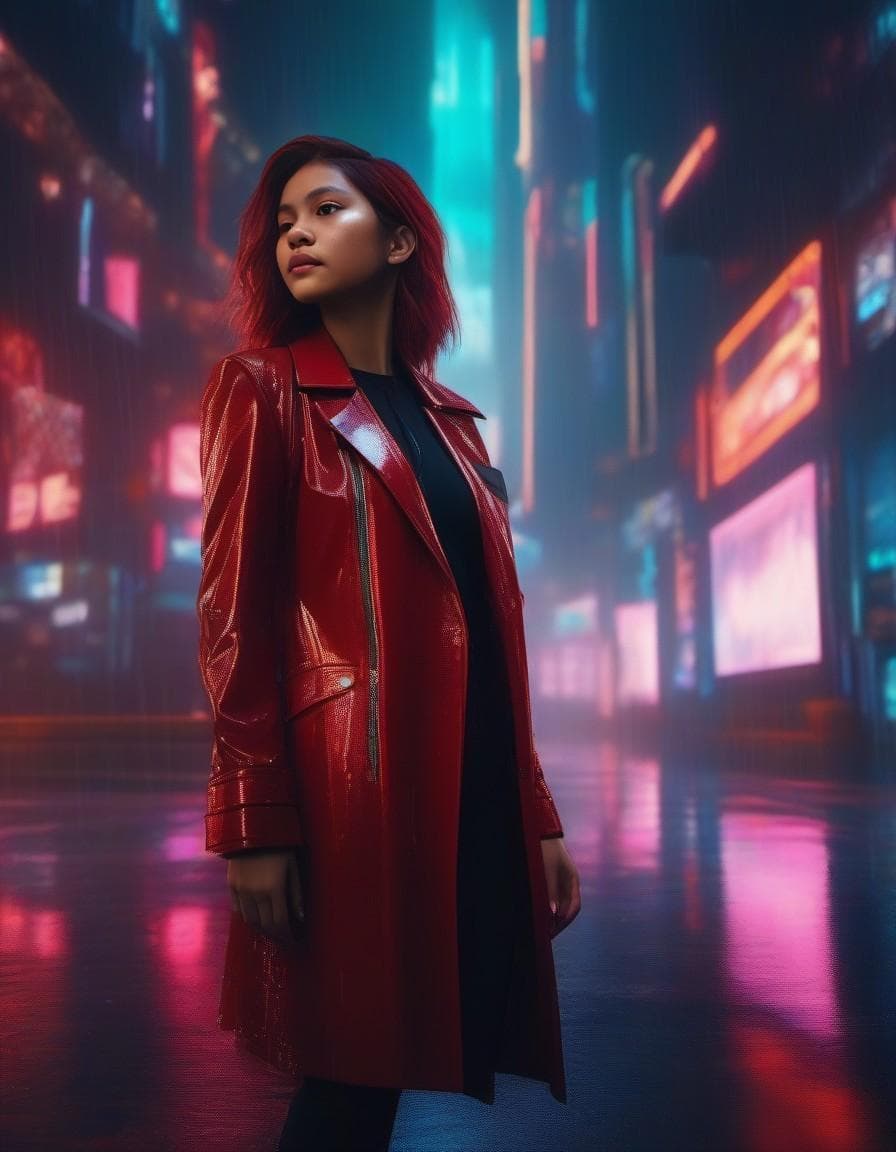 AI generated: cyberpunk woman with red hair looking up, raining, wearing a black suit, neon lights, vivid lights, ...