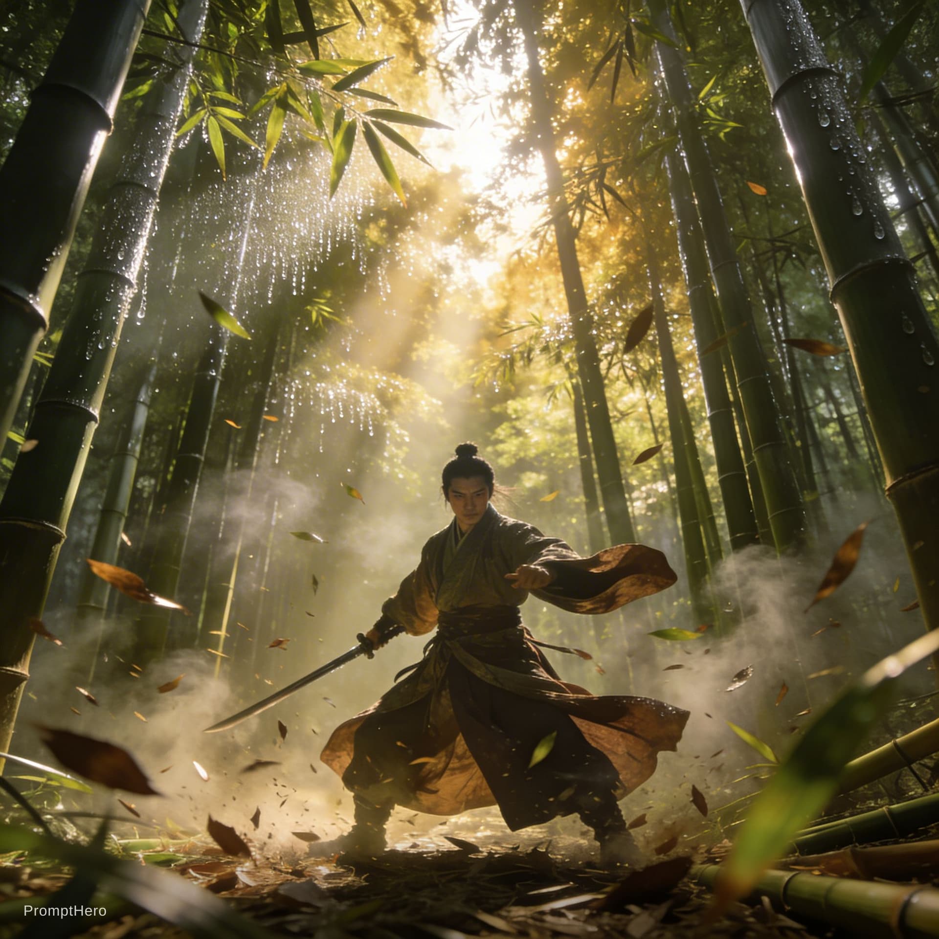 AI generated: Epic scene, bamboo forest, detailed, realistic, keep face same