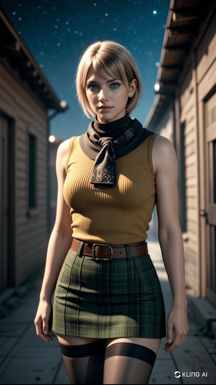 AI generated: Resident Evil  Ashley Graham  rövid, szőke hajú, feltűnő kék szemű fiatal nő magabiztosan áll egy ke...