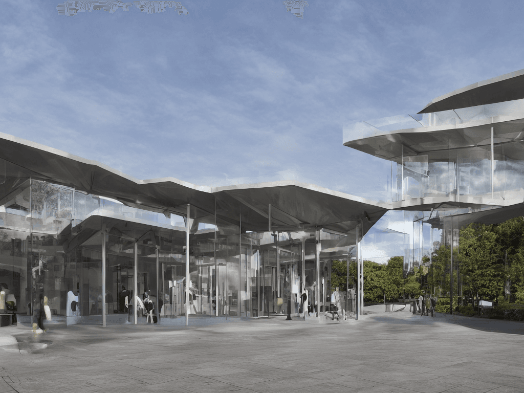 AI generated: Exterior facade with a modern style, of a single-story art gallery or pavilion, positioned on a 60-m...