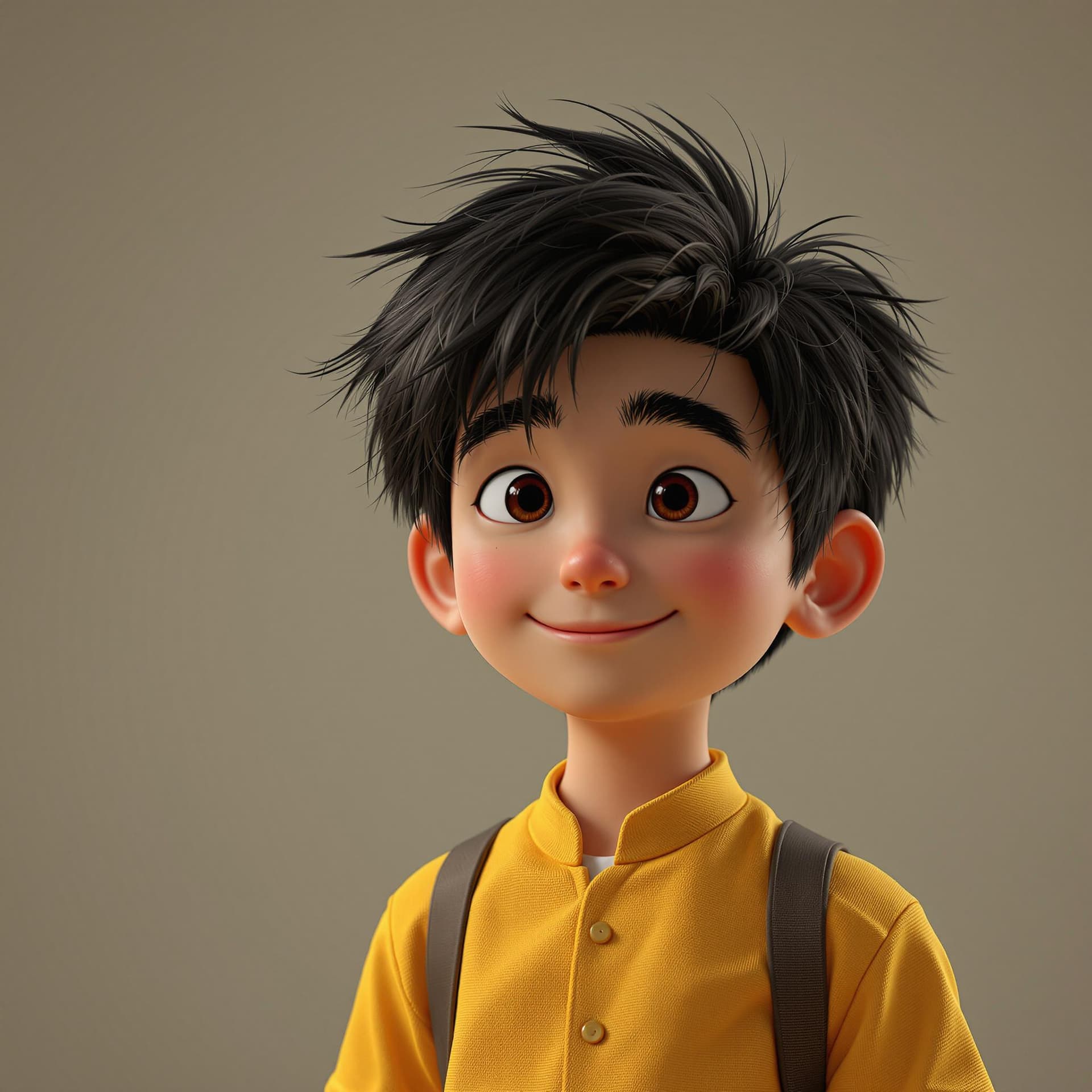 AI generated: A Chinese boy with black hair and yellow shirt, rendered in cinema4d style, charming character, I ca...