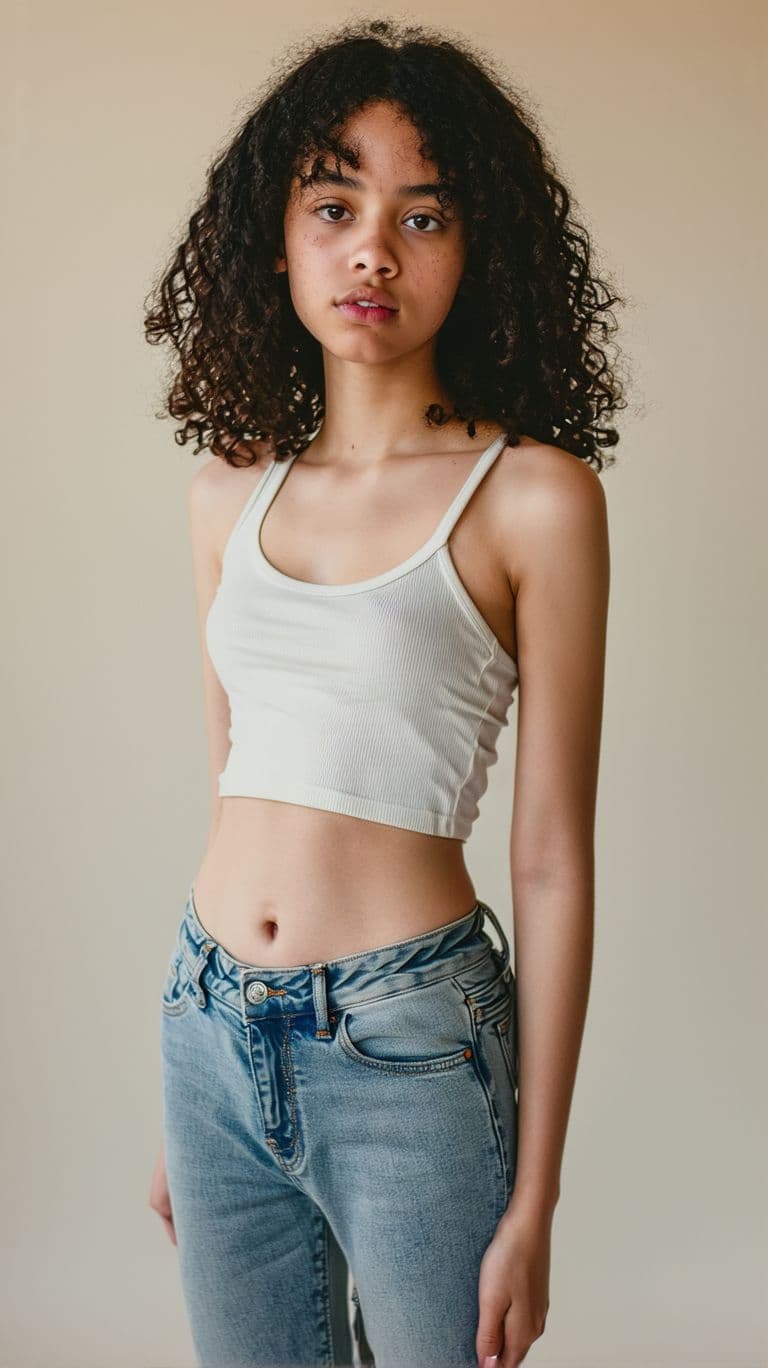AI generated: A hyperrealistic portrait of an 18-year-old teenage girl with an extremely slim figure, standing in ...