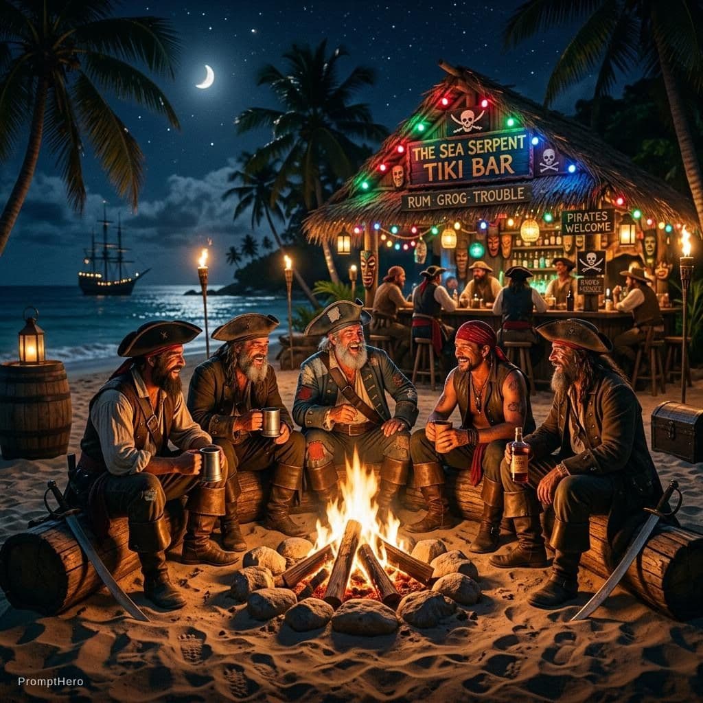 AI generated: realistic tropical island with a colorful tiki bar, with pirates sitting around the campfire