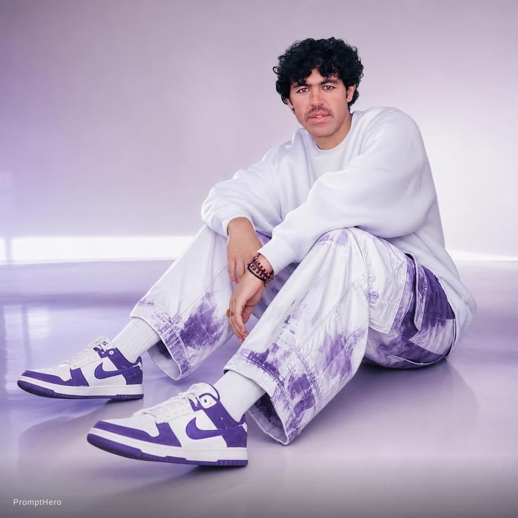 AI generated: Oversized white sweatshirt, white purple oversized combat jean, styled with footwear: white purple n...