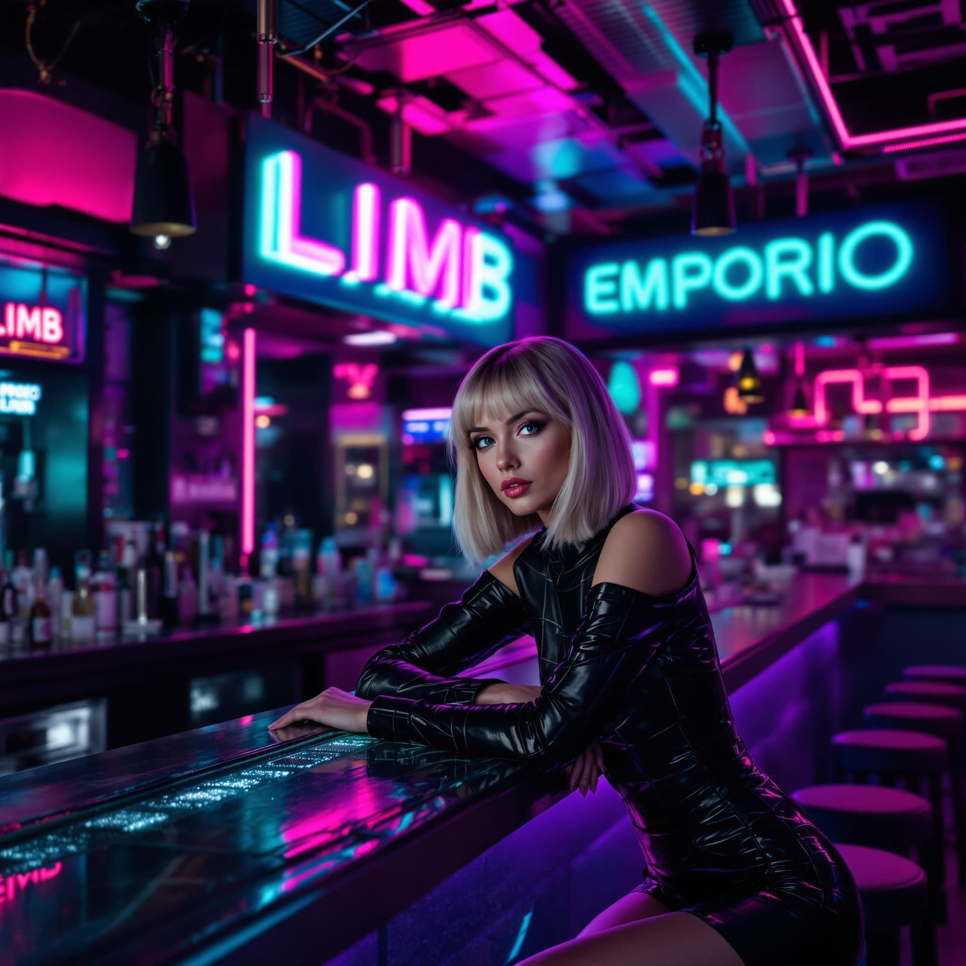 AI generated: A woman is sitting at the counter of a futuristic cyberpunk bar, wearing stylish clothing. She leans...